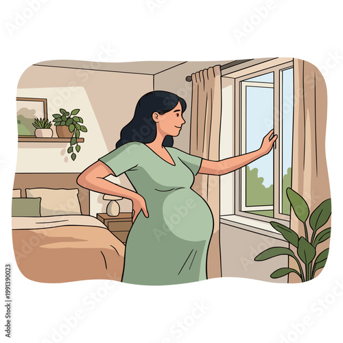 A pregnant woman stands by the window in a bedroom looking outside