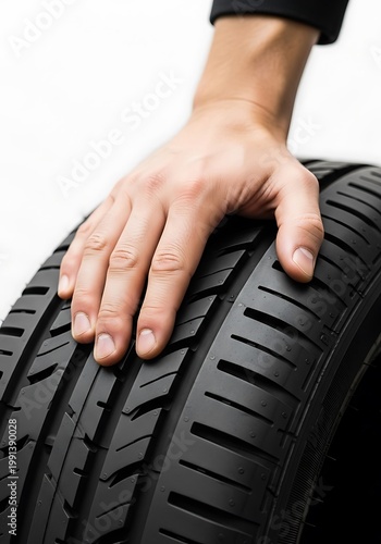 Close-up of a human hand touching the tread of a car tire