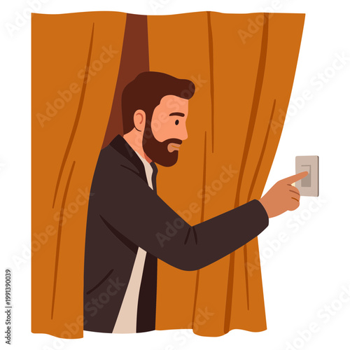 Man turning on light switch behind orange curtains indoors