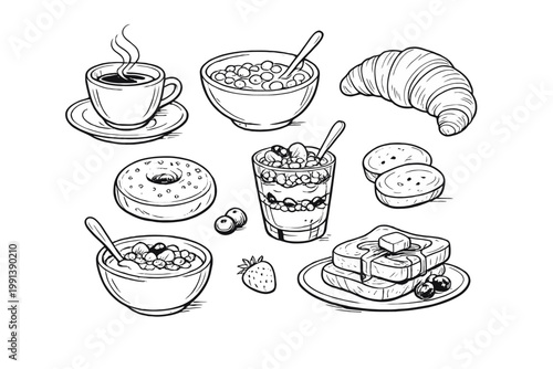 Line art breakfast menu set. Coffee pot and cup, bagel, cereal in bowl, healthy yogurt with berries and fruit. Morning food vector design