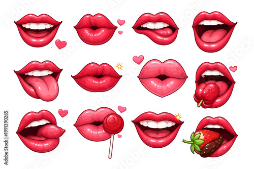 Sexy mouth lips. Woman smile with tongue, lick and with lollipop, hot female red gloss lipstick, beautiful love symbol. Cosmetic with shine teeth, glamour fashion makeup vector cartoon set