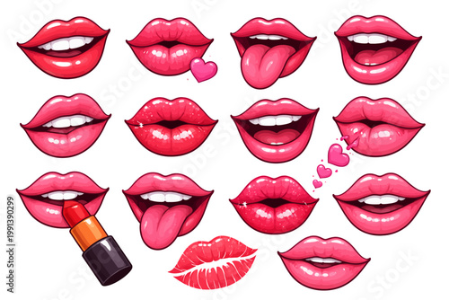 Female red lips, sexy woman mouth with smile, kiss, bite, teeth and tongue. Vector cartoon collection of sensual mouth with glamour makeup by lipstick or gloss isolated on skin color background