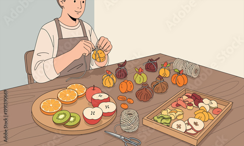 Man Making Dried Fruit Packs by Hand on a Table