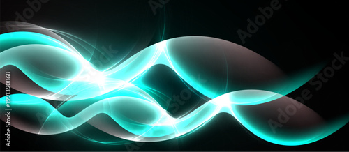 Abstract waves, vibrant teal hues, bright light source. Smooth curves create dynamic energy, dark background enhances glow.