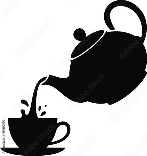 Black silhouette teapot pours hot tea with splash into elegant cup.
