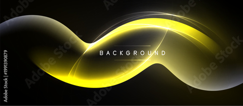 Abstract yellow neon wave over black background. Smooth curves create dynamic light effect, modern design element.