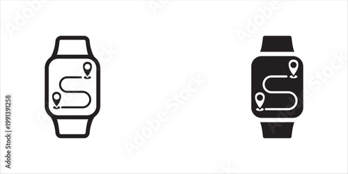 A simple black and white icon set depicting a smartwatch with map location markers, symbolizing global positioning, navigation, and real-time tracking capabilities. Vector icon for website design, log