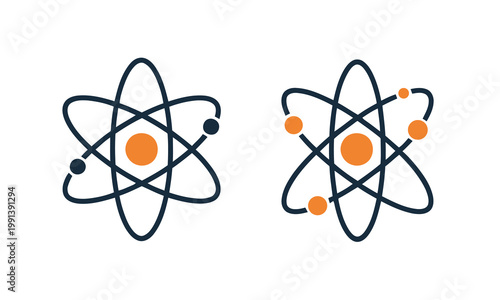 Abstract vector illustration depicting two stylized atomic models, symbolizing fundamental concepts in science, physics, and technology. Ideal for educational, research, and innovative design projects