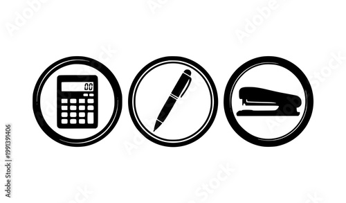 Stationery silhouette badge icons with calculator pen and stapler in circular vector design