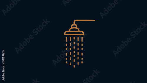 Orange shower icon on a dark blue background illustrating a simple line art representation of a shower head with water droplets falling downwards, perfect for web and graphic design projects