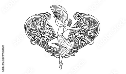 Elegant dancer holding fan with ornamental swirls monochrome coloring page vector art