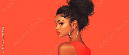 Young woman in coral dress with high ponytail