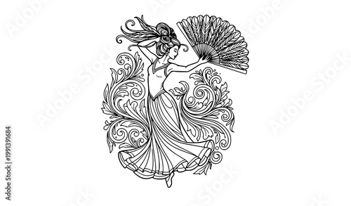 Decorative stylized dancer with fan hand drawn black white coloring page vector illustration