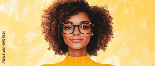 Portrait of a young woman in oversized glasses and curly hair