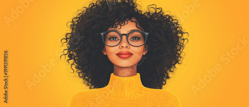 Young woman smiling with curly hair and glasses