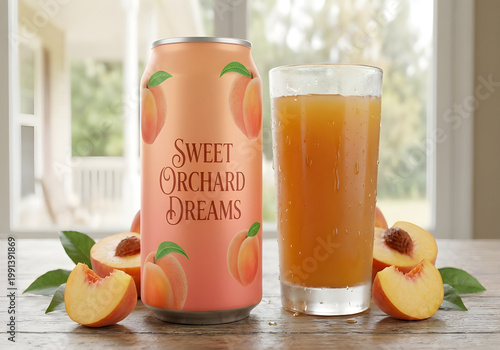 Peach juice in glass and can with peaches on wooden table