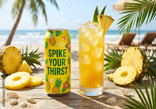 Pineapple drink and can on beach table with tropical background