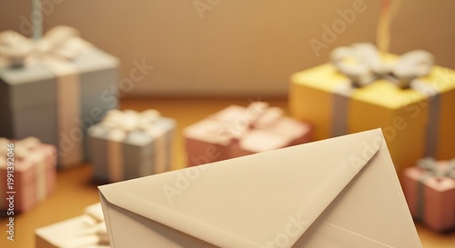 Cream envelope close-up with blurred colorful gift boxes in the background