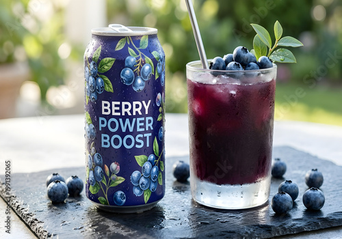 Berry Power Boost drink with fresh blueberries on a sunny outdoor table