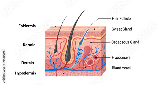 Detailed Diagram of Human Skin Layers and Associated Structures.
