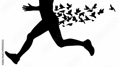 Dynamic silhouette of a runner in motion legs powerfully striding forward as the torso elegantly dissolves into a flock of flying birds against a clean white background