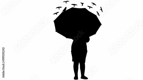 Black silhouette of a person holding a large open umbrella with a flock of birds flying above it against a stark white background symbolizing protection and solitude