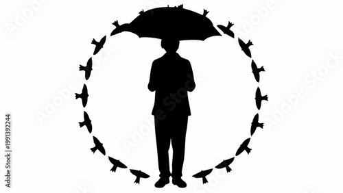 Silhouette of a solitary person standing under an open umbrella with a circular arrangement of flying birds creating a protective shield against an abstract white background