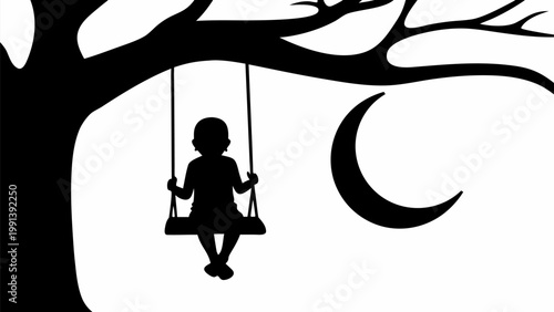 Solitary child silhouette enjoys a peaceful evening swing under a large tree branch beside a crescent moon evoking feelings of childhood nostalgia and quiet contemplation