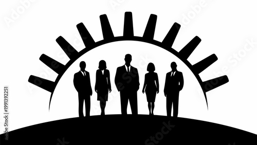 Diverse group of professional business people standing together in silhouette against a large gear like sunburst representing teamwork corporate success and industrial synergy