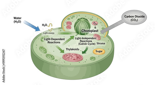 Detailed Diagram of Photosynthesis Process within a Chloroplast.