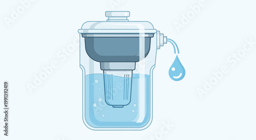 Water purification pitcher with replaceable filter cartridge and water drop icon.