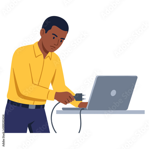 Man working on laptop with frustrated expression at office desk