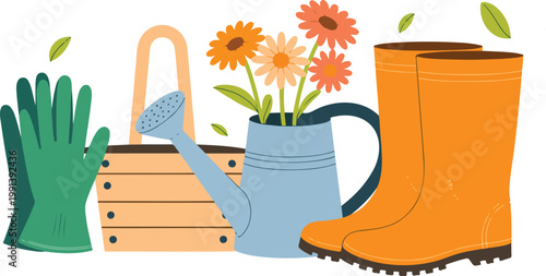 Minimal gardening tools illustration with rake watering can flowers and rain boot flat vector design on white background
