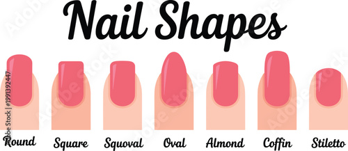 Professional nail shapes guide vector illustration featuring round square squoval oval almond coffin and stiletto styles for manicure salons beauty clinics and fashion education posters