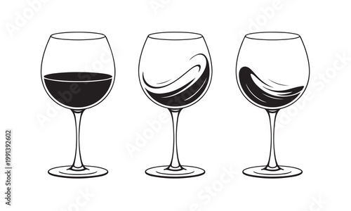 Three wine glasses showing different levels and motion of liquid inside.
