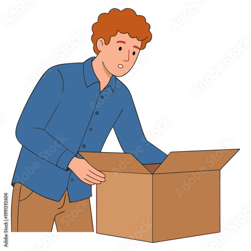 Man opens cardboard box with surprised expression on face