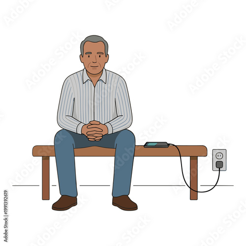 An older man sits on a bench plugged into a power outlet with device