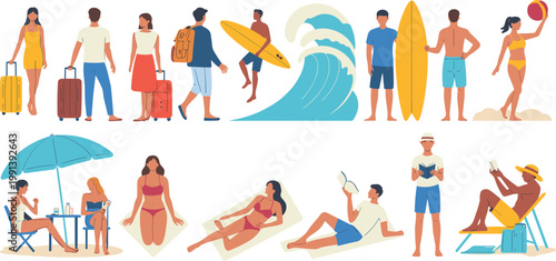 Flat vector set of people on summer vacation featuring travelers with suitcases surfers beachgoers sunbathing 