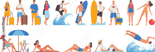 vector set of people on summer vacation featuring travelers with suitcases surfers beachgoers sunbathing and relaxing for seasonal tourism marketing and tropical holiday travel design projects