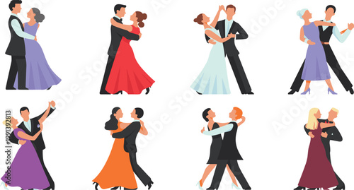 Flat vector illustration set of elegant couples performing ballroom dance in formal attire isolated on white background collection