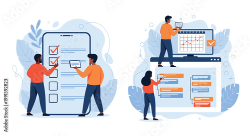 Diverse people managing digital tasks and checklists on a giant smartphone and computer screen in a modern workspace.