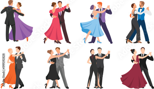 Flat vector illustration set of elegant couples performing ballroom dance in formal attire isolated on white background collection