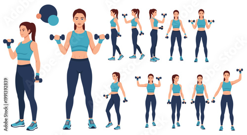 Fitness woman performing various dumbbell exercises shown in a series of poses for a full body workout routine.
