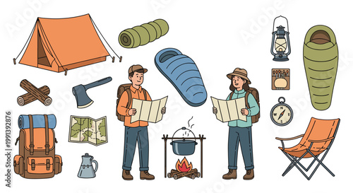 Hiking and camping equipment collection featuring people with maps, tent, campfire, sleeping bags, and outdoor survival tools.