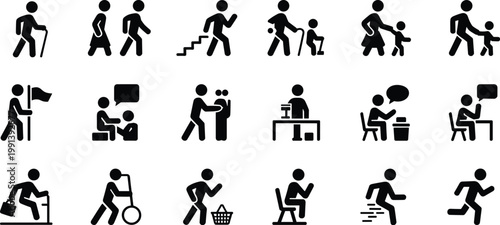 Black silhouette pictogram set of people walking, running, sitting, and performing various daily activities isolated on white background