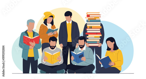 Group of diverse people standing and sitting while reading books in a quiet and studious library or bookstore setting.