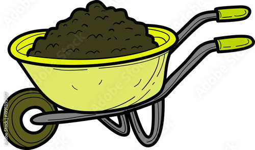 Yellow wheelbarrow full of dark soil vector illustration