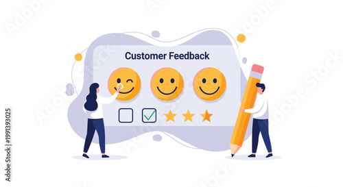 Diverse people providing customer feedback by marking smiley face emojis and star ratings on a large digital information board.