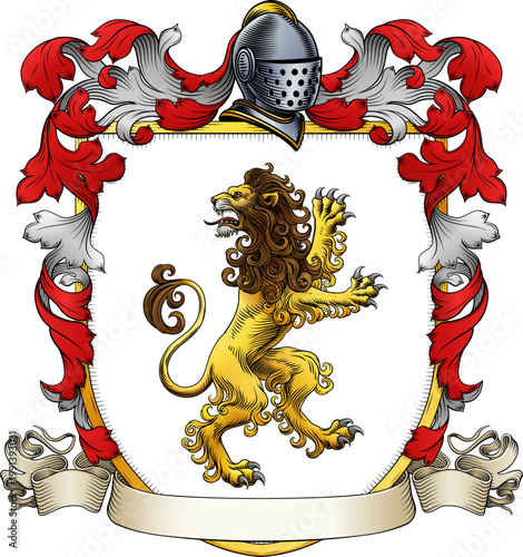 A lion coat of arms or crest family heraldry medieval heraldic knight shield with helmet and acanthus filigree scroll ornament in a vintage woodcut style.