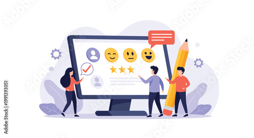 Diverse users interacting with a computer monitor to leave star ratings and emoji reviews for various products and services.
